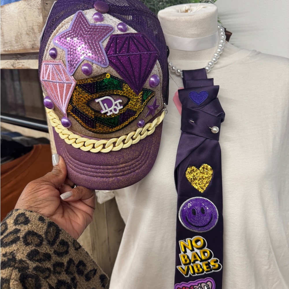 Purple Sequin Trucker Hat and Tie Set with Fun Patches